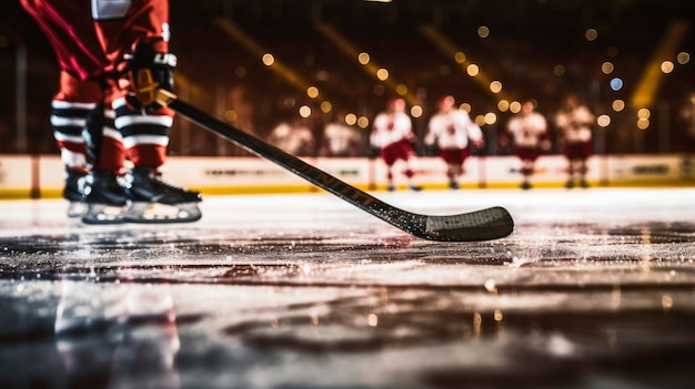 Foto giocatore di hockey su ghiaccio con un bastone su una pista