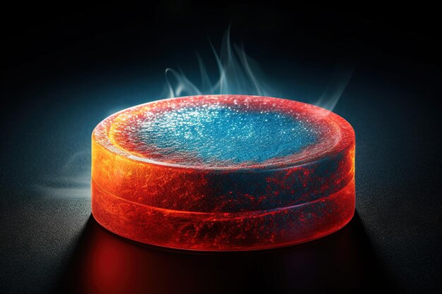 Photo an ice hockey puck infused with temperature reactive material changing color based on the intensity of the game illustration generative ai