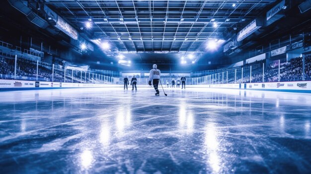 Photo ice hockey rink with glare and arena seating