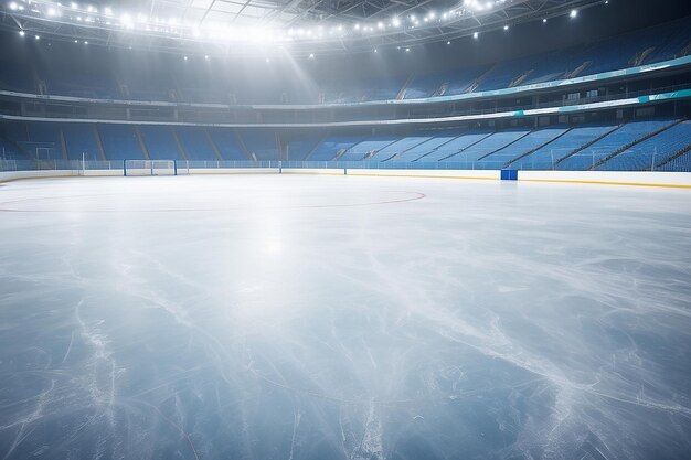 Фото Хоккейный стадион на заднем плане зимнее спортивное поле с царапиной на ледяной поверхности и легкой туманностью