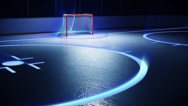 Photo ice hockey stadium with spotlights and red goal