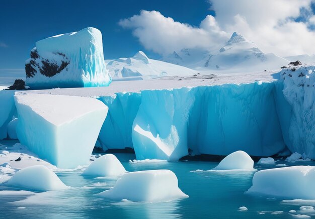 Ice icebergs and snow covered rocks against the sea created with the help of artificial intelligence