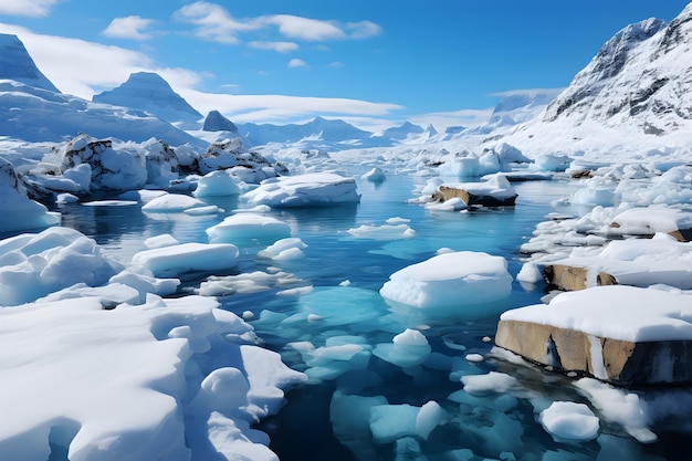 Photo ice icebergs and snow covered rocks against the sea