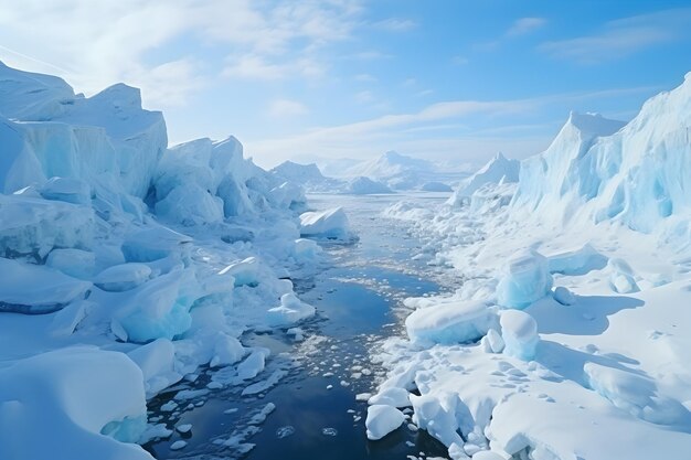 Ice Icebergs And Snow Covered Rocks Against The Sea