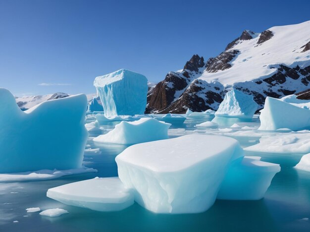 Ice Icebergs And Snow Covered Rocks Against