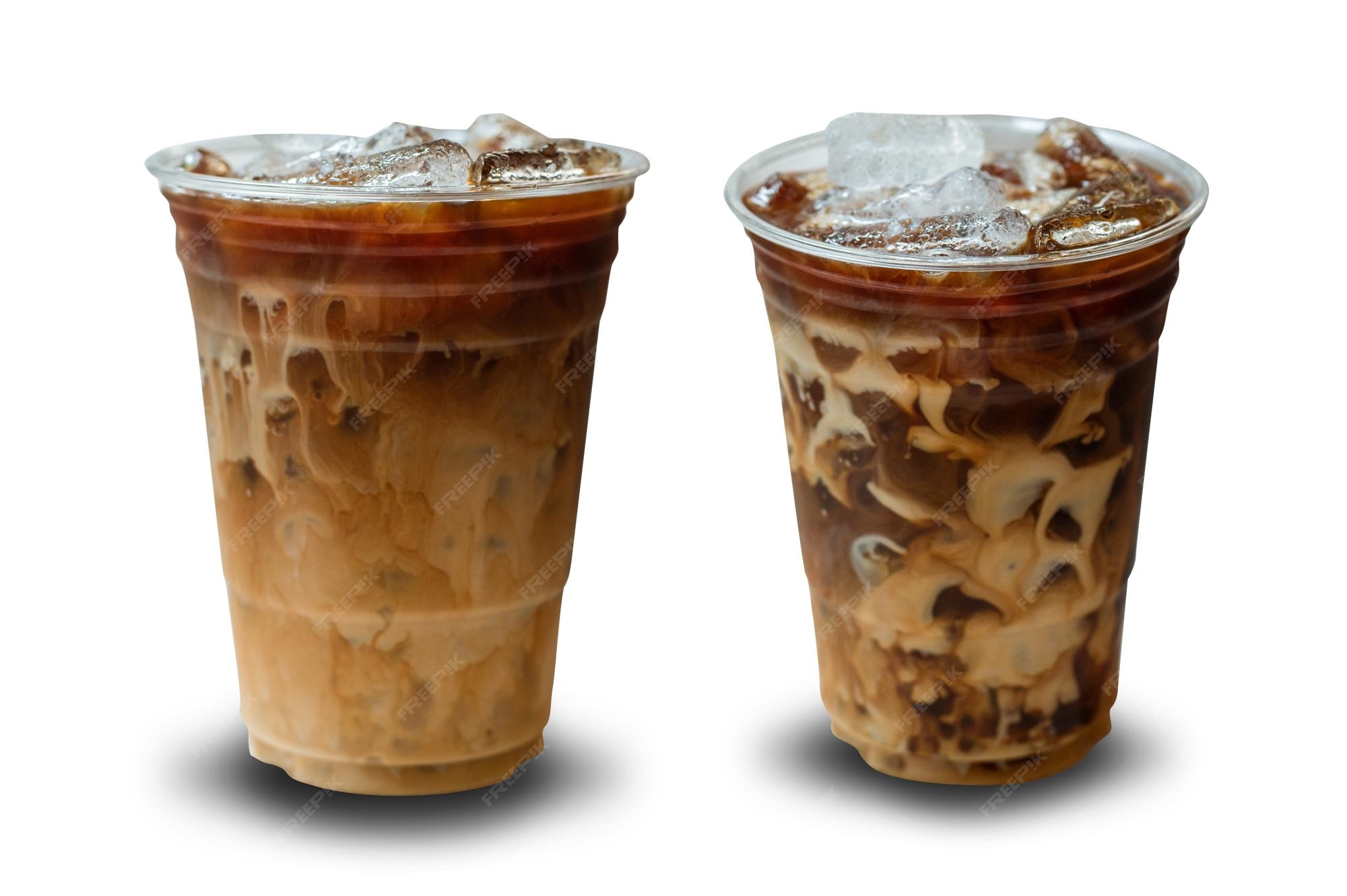 Premium Photo  Ice latte coffee in plastic glass on the white