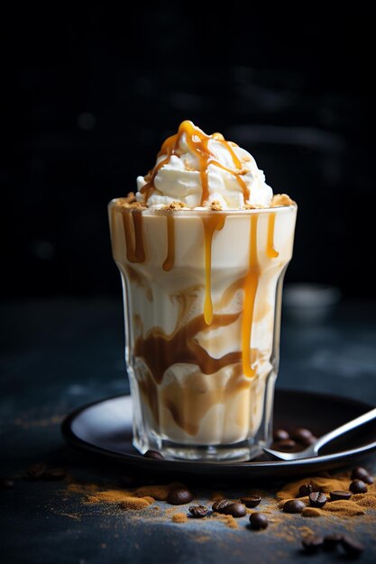 Photo ice latte with caramel in cup