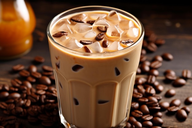 Ice latte with coffee beans ar c