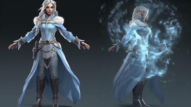 氷の魔術師の女の子のキャラクターコンセプト生成AI