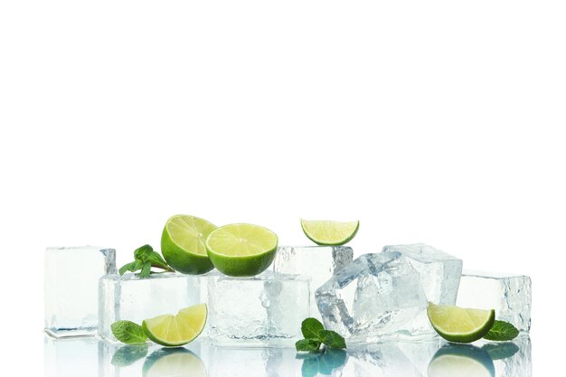 Ice mint and lime isolated on white background