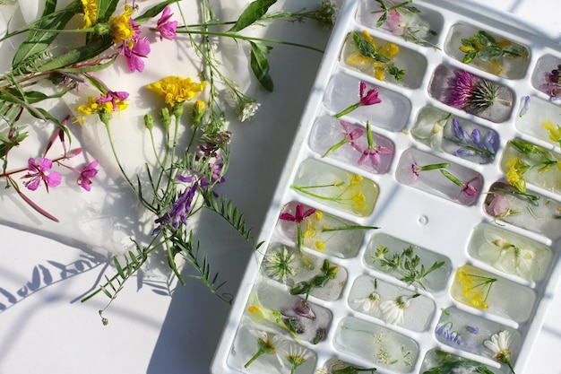 写真 夏の日の冷却用に凍った花の氷を入れた氷型