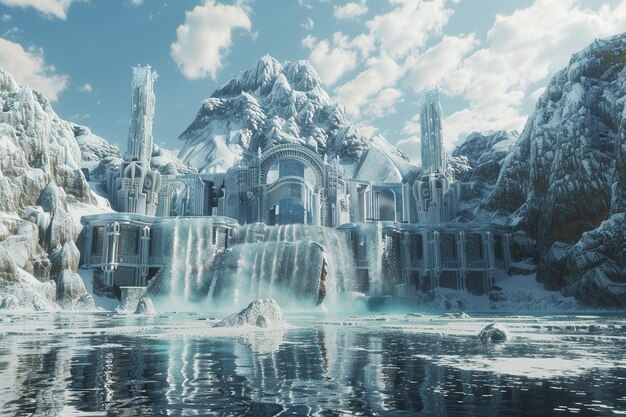 Photo ice palace surrounded by icy mountains and frozen