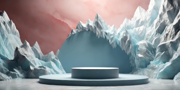 ice podium or empty platform on abstract glaciers background copy space for presentation advertising