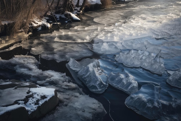 冬景色の氷の移動によって形成された亀裂や亀裂のある川の氷