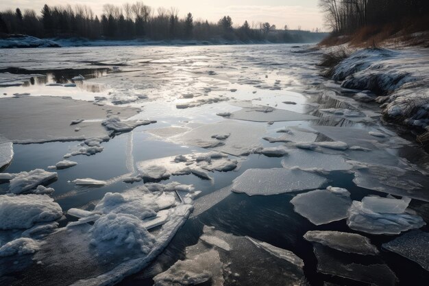 Photo ice on river with cracks and crevices formed by shifting ice in winter scene