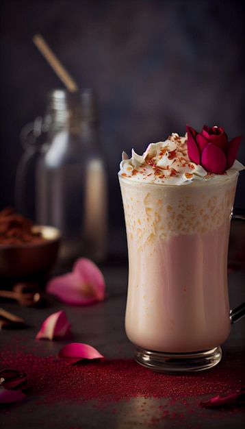 Ice rose latte in glas met roze bloemen en bloemblad op witte of grijze achtergrond ai gegenereerd