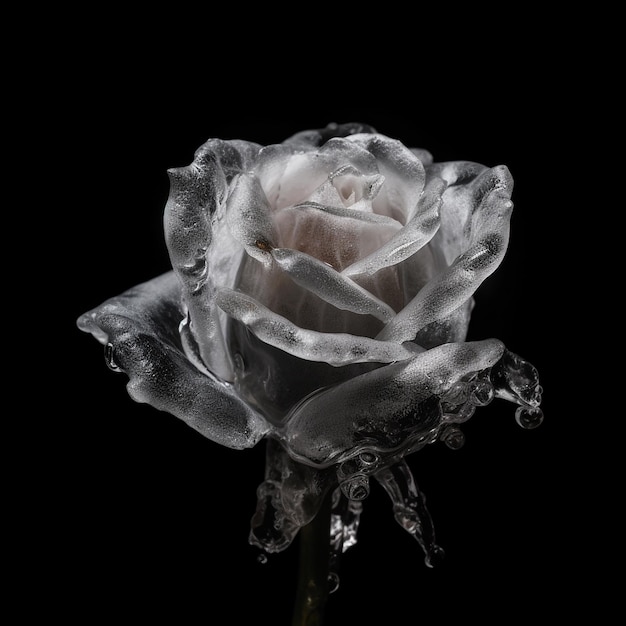 Ice rose transparent rose flower rose made of ice closeup on black unusual floral background