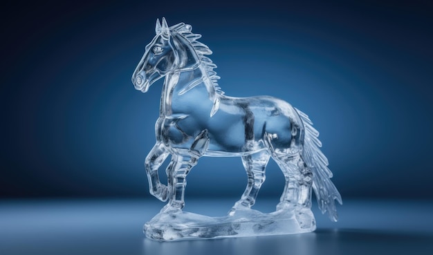 Ice sculpture of horse in dynamic pose Beautiful horse ice figure Horse with splashes of water on a blue background