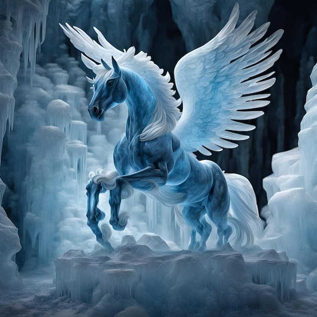 Ice Sculpture of a majestic crystal blue Pegasus in an Icy Cave