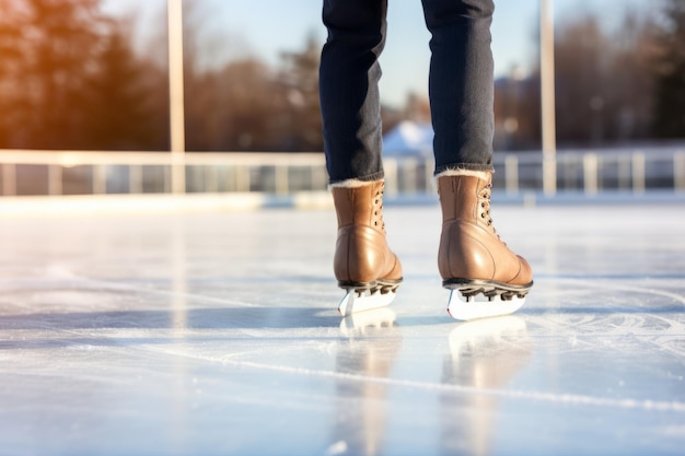 Ice skater on ice rink in close up