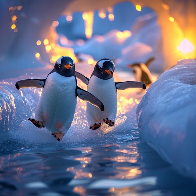 Photo ice sliding adventure adorable penguins enjoying winter play for social media post size
