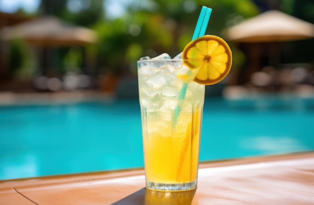 Ice slush lemon drink by pool with water