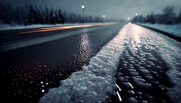 Ice snow on highway or road dangerous winter driving pattern in early morning evening or night Generative AI