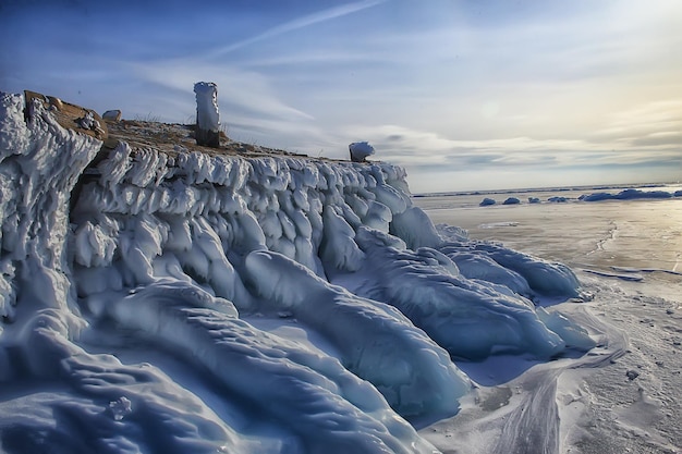 ice splashes baikal rocks, abstract winter view