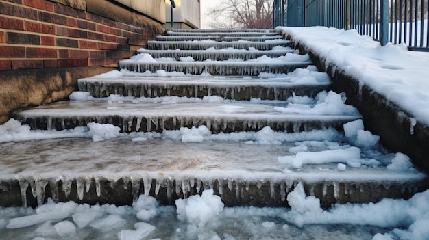 建物の階段に氷が張る