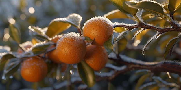 Ice storm trees and apple fruit freeze in winter AI Generated