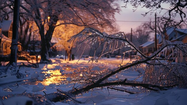 Фото После ледяных бурей блестящий лед покрывает деревья и улицы на рассвете.