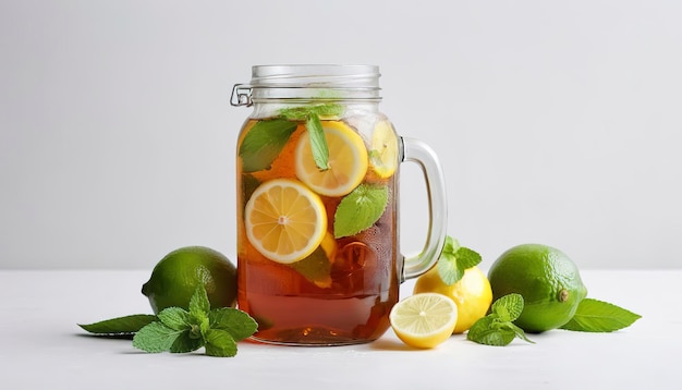 Ice tea in glass jar served with limes lemons and mint over white texture background