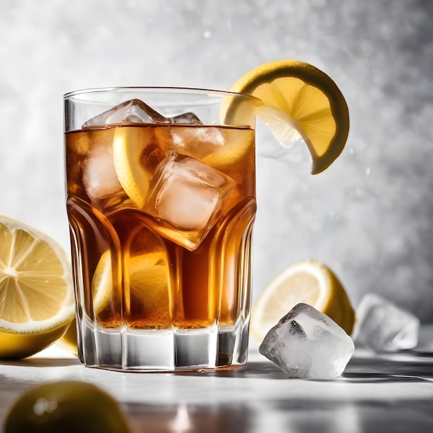 Ice tea in a glass with ice and lemon on mixed background