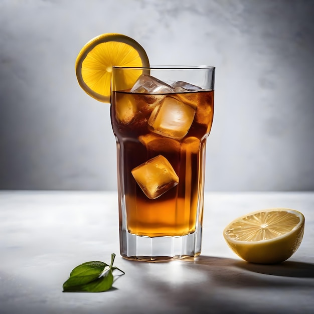 Ice tea in a glass with ice and lemon on mixed background