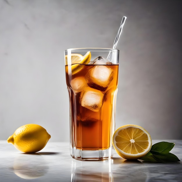 Ice tea in a glass with ice and lemon on mixed background