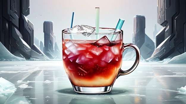 Photo ice tea on ice futuristic city on the background