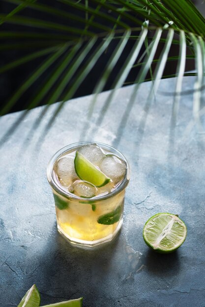 Ice tea with ice cubes lime mint leaves in the glass with palm leaves on gray stone background