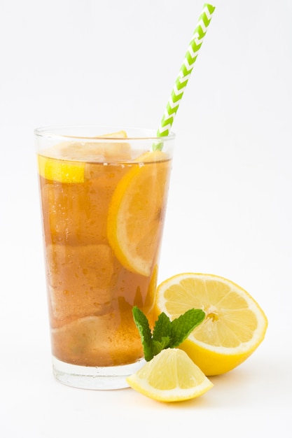 Ice tea with lemon Isolated on white