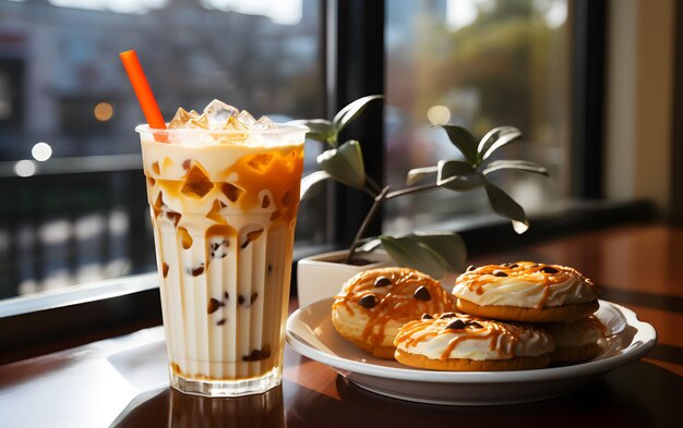 Ice Thai milk tea and homemade crunchy choc chip cookies and bakery on table of cafe