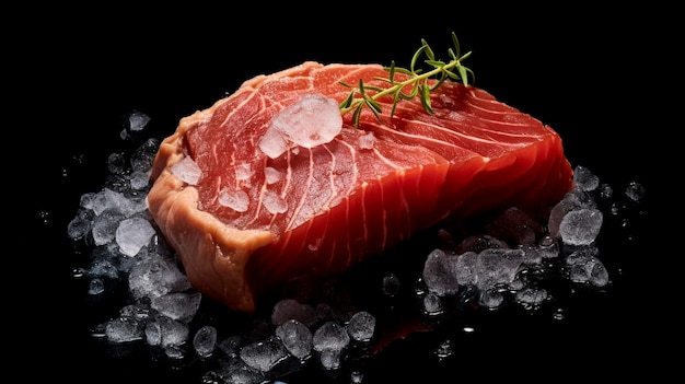 On ice a tuna steak marinated with seasonings on a black canvas perspective from above Generative AI