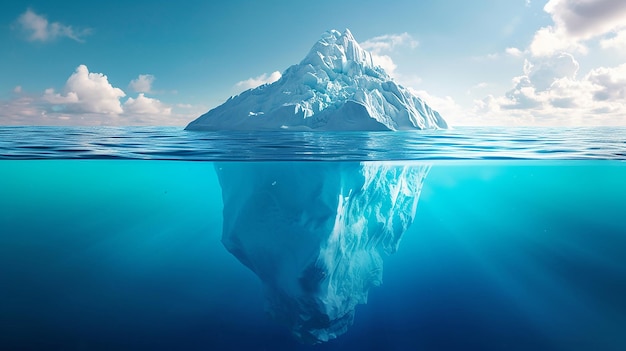透明な青い水の中の氷山と水の下の隠された危険 氷山と隠された危険と地球温暖化
