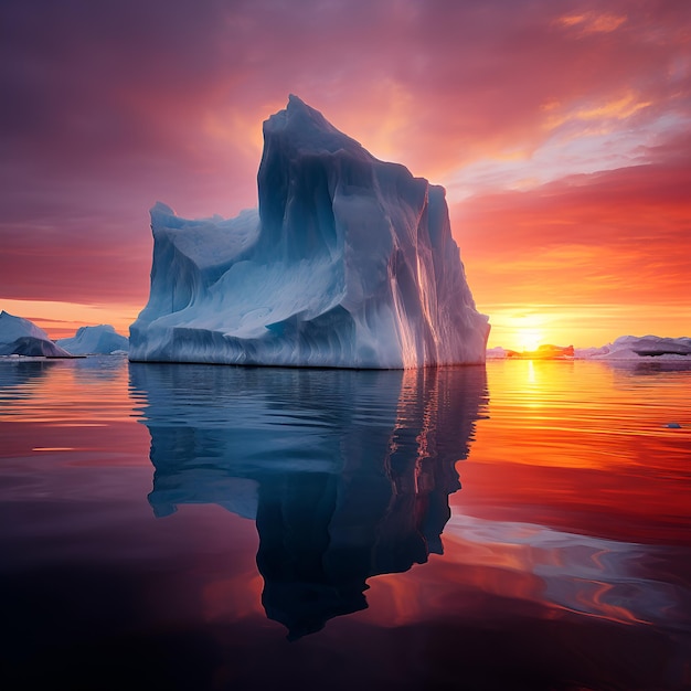 북극 생성 AI 이미지에서 일몰 동안 환상적인 다채로운 하늘 아래 빙산