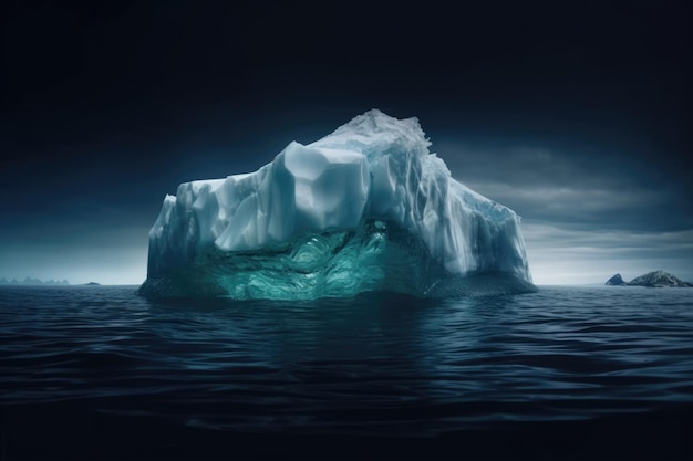 An iceberg floating in the ocean with a dark sky in the background Generative AI