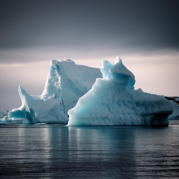 An iceberg floating in the ocean with a dark sky in the background