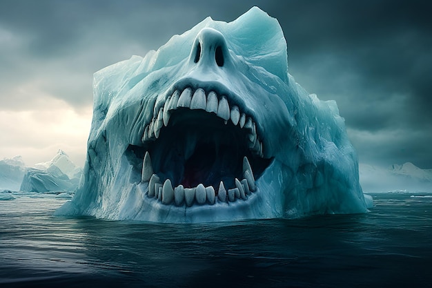 an iceberg floating in the ocean with teeth in the style of photorealistic surrealism mysterious