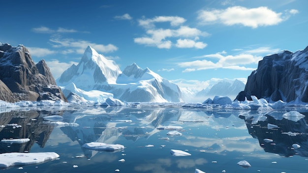 An iceberg floating on top of water at winter snow day