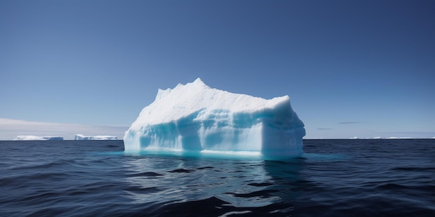 An iceberg floats in the ocean with the sky in the background.