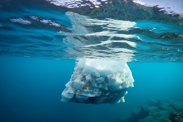 An iceberg floats under the water in the arctic.