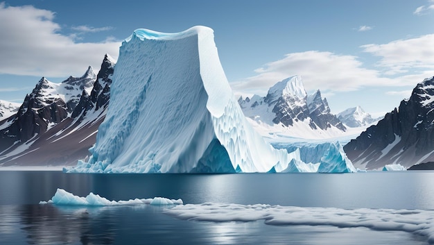 An iceberg in front of a mountain