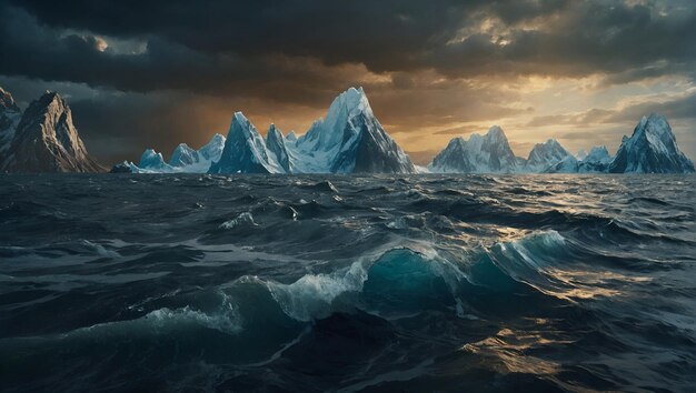 Photo an iceberg is floating in the ocean with a cloudy sky in the background